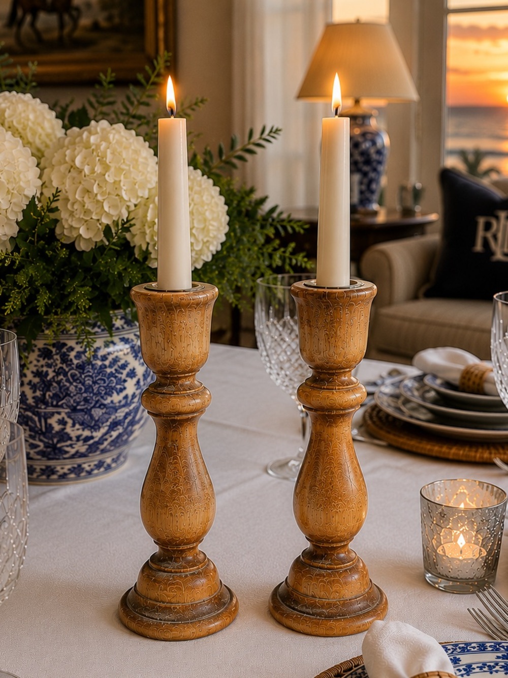 Vintage Turned Wood Candlestick Holders Pair Brass Inserts 7”